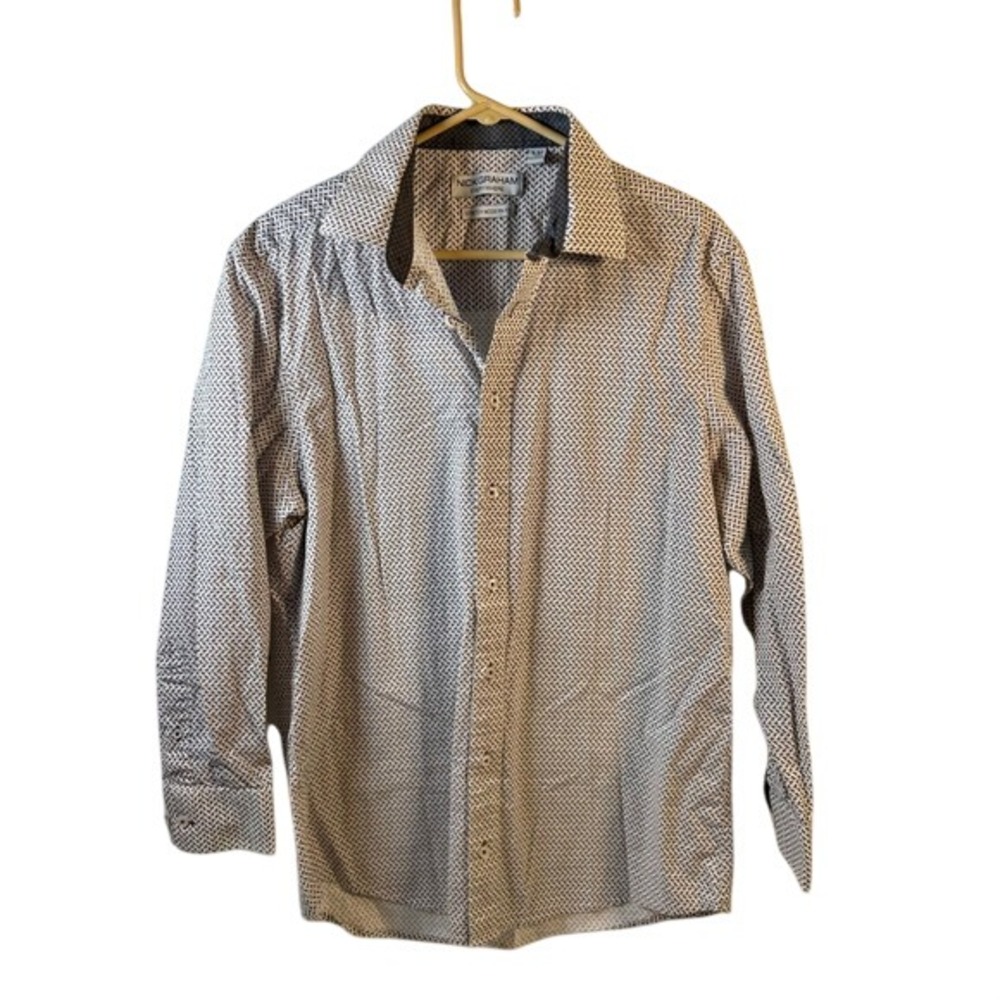 Nick Graham Button Down‎ Shirt 16-16.5 L White Brown Micro Paisley Mens